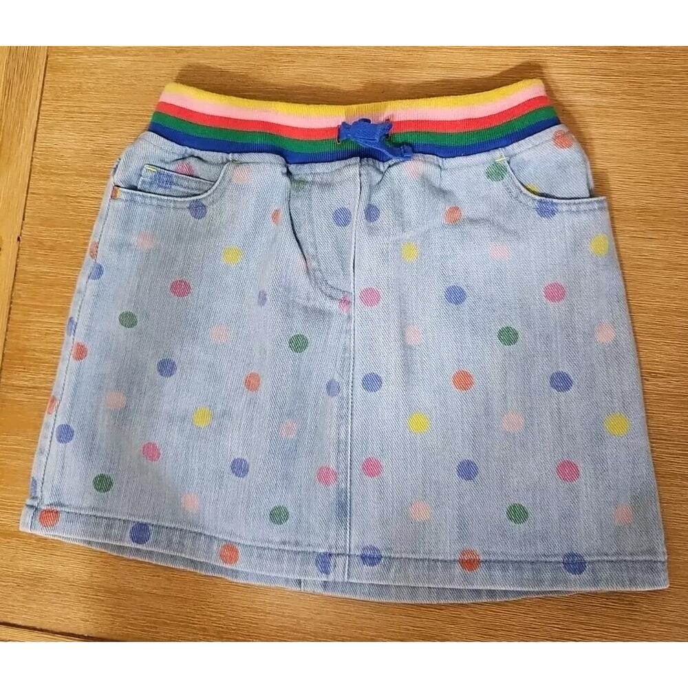 Mini Boden Denim Dot and Rainbow Waistband Skirt Girls Size 9-10Y